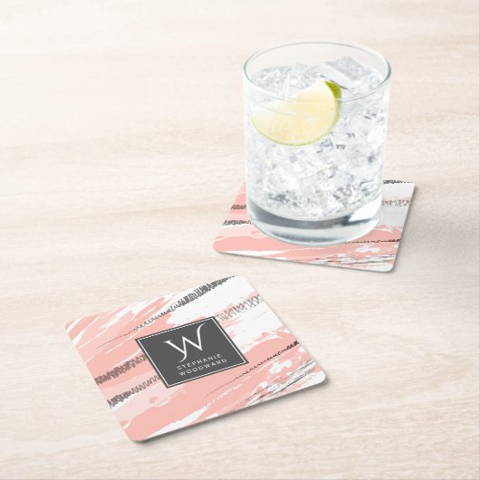 抽象芸術モダンピンクホワイトグレーモノグラムスクエア スクエアペーパーコースター (インサイチュ)