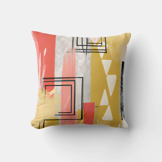 抽象芸術モダンピンクマスタードイエローと金ゴールド クッション (正面)