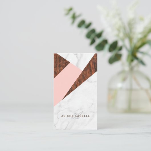 抽象芸術モダンピンク、白の大理石と木目 名刺 (スタンド正面)