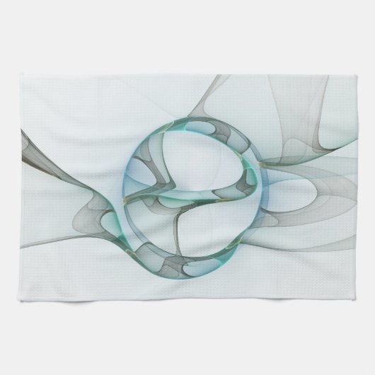 抽象芸術モダンフラクタルアートブルーターコイズグレー キッチンタオル (横)