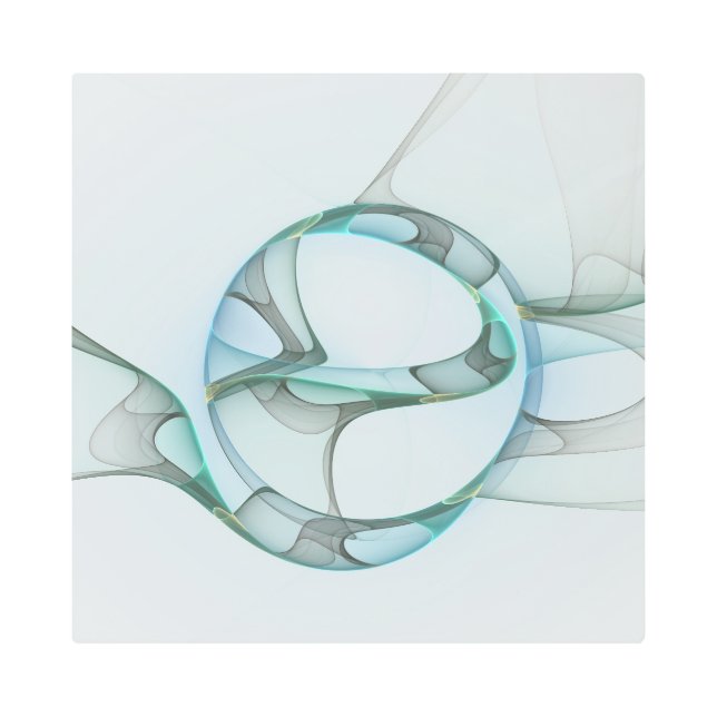 抽象芸術モダンフラクタルアートブルーターコイズグレー メタルプリント (正面)