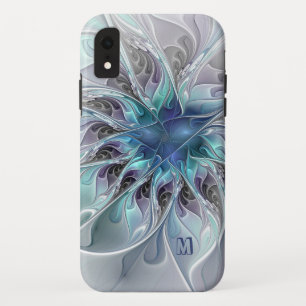 抽象芸術モダンフラクタルフラワー(青)モノグラム iPhone XRケース