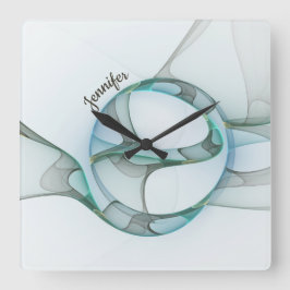 抽象芸術モダンフラクタルブルーターコイズグレー名 スクエア壁時計