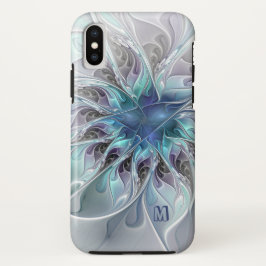 抽象芸術モダンフラクタル花とブルーモノグラム iPhone XSケース