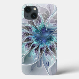 抽象芸術モダンフラクタル花とブルーモノグラム iPhone 13ケース