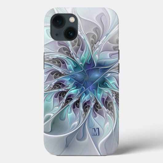 抽象芸術モダンフラクタル花とブルーモノグラム Case-Mate iPhoneケース (裏面)