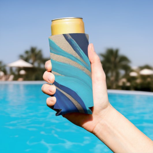 抽象芸術モダンフローのアート – 青と金ゴールド- スリム缶クーラー (インサイチュ プール)