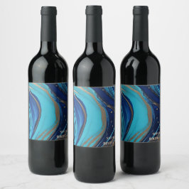 抽象芸術モダンフローのアート – 青と金ゴールド- ワインラベル