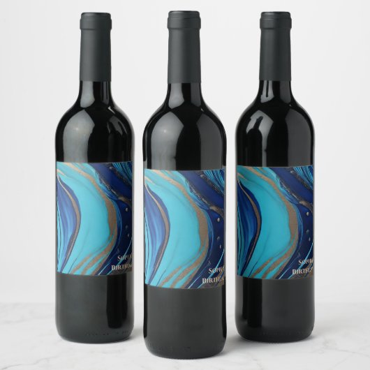 抽象芸術モダンフローのアート – 青と金ゴールド- ワインラベル (ボトル)