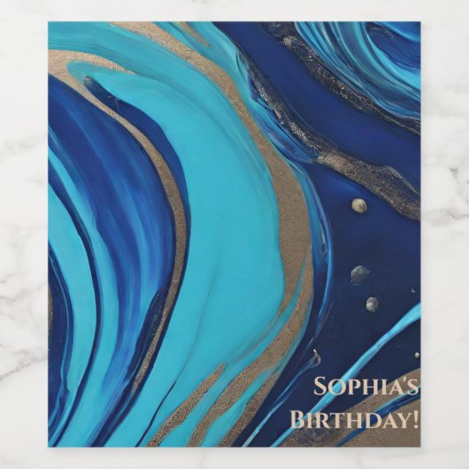 抽象芸術モダンフローのアート – 青と金ゴールド- ワインラベル (シングルラベル)