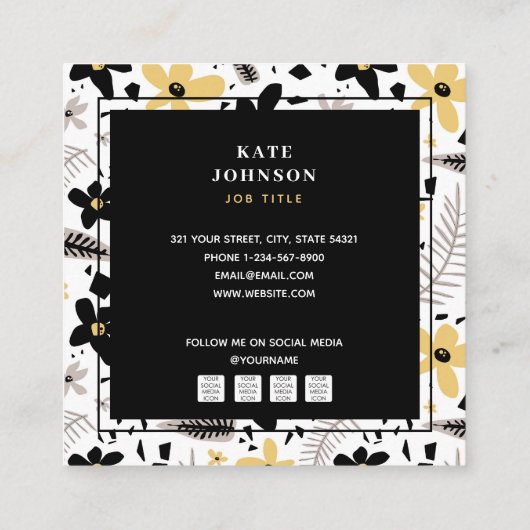 抽象芸術モダンブラック黄色グレーフローラQRコード スクエア名刺 (裏面)