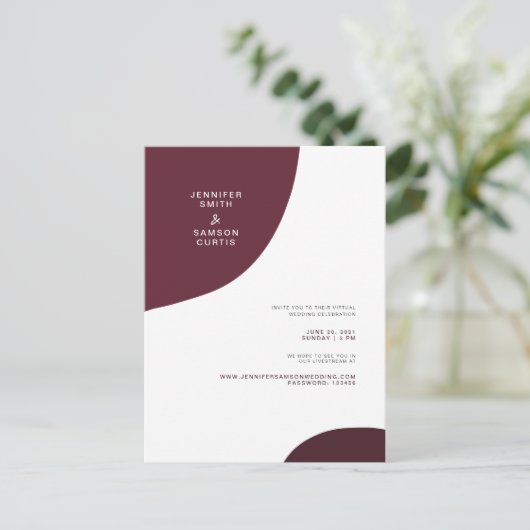 抽象芸術モダンブルゴーニュの仮想結婚式の招待 ポストカード (スタンド正面)