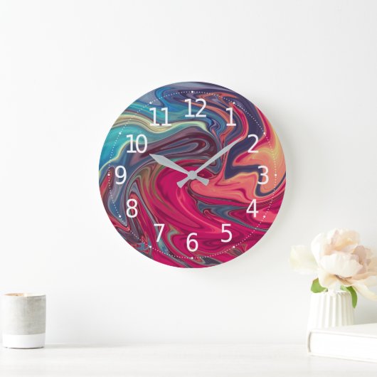 抽象芸術モダンブルーと赤の液体の大理石アートワーク ラージ壁時計 (ホーム)