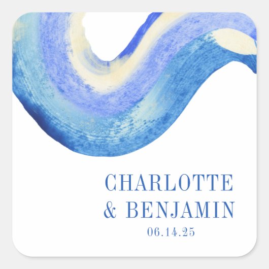 抽象芸術モダンブルーウォーター色カスタムウェディング スクエアシール (正面)