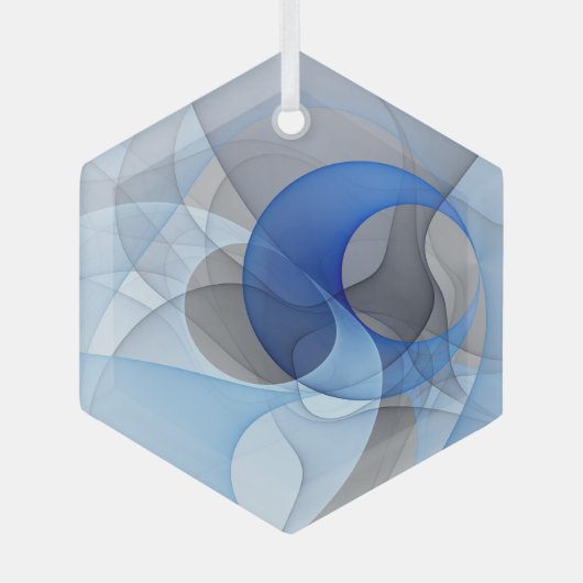 抽象芸術モダンブルーグレーフラクタルアートグラフィック ガラスオーナメント (正面)