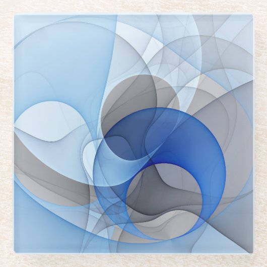 抽象芸術モダンブルーグレーフラクタルアートグラフィック ガラスコースター (正面)