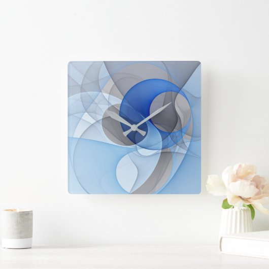 抽象芸術モダンブルーグレーフラクタルアートグラフィック スクエア壁時計 (ホーム)