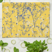 抽象芸術モダンブルーワイルドフラワーオンマスタードイエロー キッチンタオル (折り畳み)