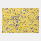 抽象芸術モダンブルーワイルドフラワーオンマスタードイエロー キッチンタオル (横)