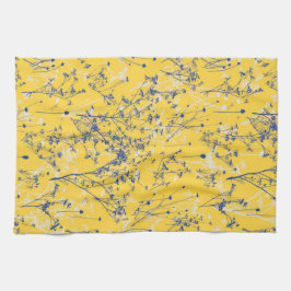抽象芸術モダンブルーワイルドフラワーオンマスタードイエロー キッチンタオル