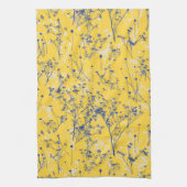 抽象芸術モダンブルーワイルドフラワーオンマスタードイエロー キッチンタオル (縦)