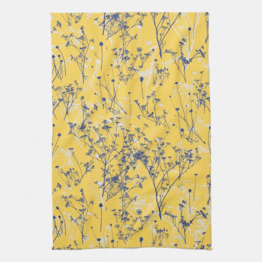 抽象芸術モダンブルーワイルドフラワーオンマスタードイエロー キッチンタオル (縦)