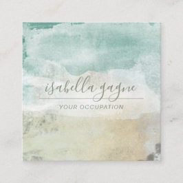 抽象芸術モダンブルー緑色水彩画 スクエア名刺