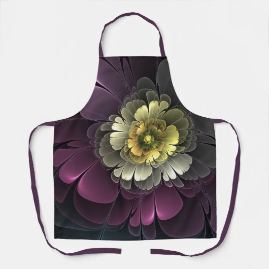 抽象芸術モダンプルカーキグレーフラクタルフラワー エプロン (正面)