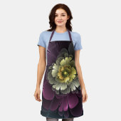 抽象芸術モダンプルカーキグレーフラクタルフラワー エプロン (着用した状態)