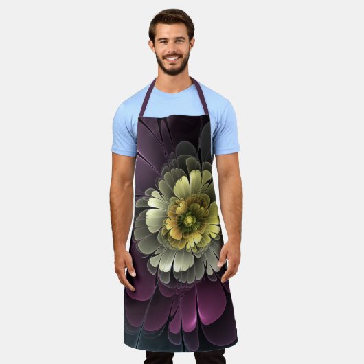 抽象芸術モダンプルカーキグレーフラクタルフラワー エプロン (着用した状態)