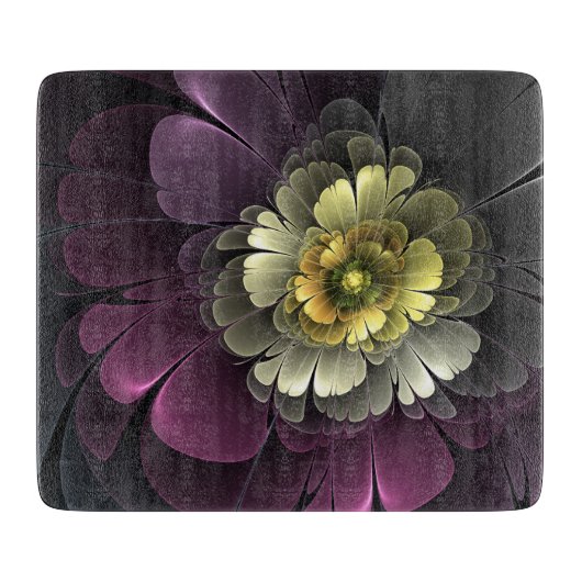 抽象芸術モダンプルカーキグレーフラクタルフラワー カッティングボード (正面)