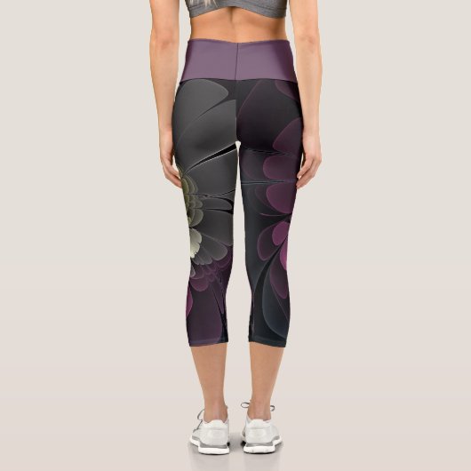 抽象芸術モダンプルカーキグレーフラクタルフラワー カプリレギンス (裏面)