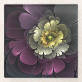 抽象芸術モダンプルカーキグレーフラクタルフラワー ガラスコースター (正面)