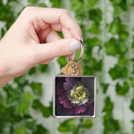 抽象芸術モダンプルカーキグレーフラクタルフラワー キーホルダー (手)