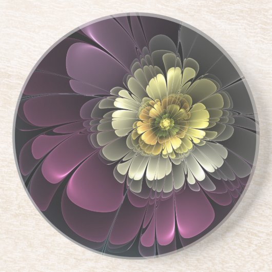 抽象芸術モダンプルカーキグレーフラクタルフラワー コースター (正面)