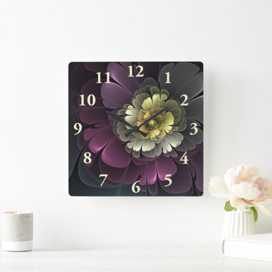 抽象芸術モダンプルカーキグレーフラクタルフラワー スクエア壁時計 (ホーム)