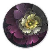 抽象芸術モダンプルカーキグレーフラクタルフラワー セラミックノブ (正面)