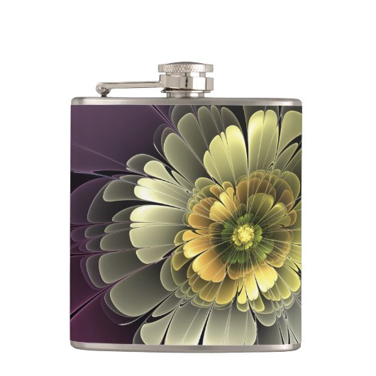 抽象芸術モダンプルカーキグレーフラクタルフラワー フラスク (正面)