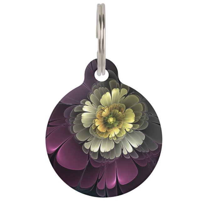 抽象芸術モダンプルカーキグレーフラクタルフラワー ペット　ネームタグ (正面)