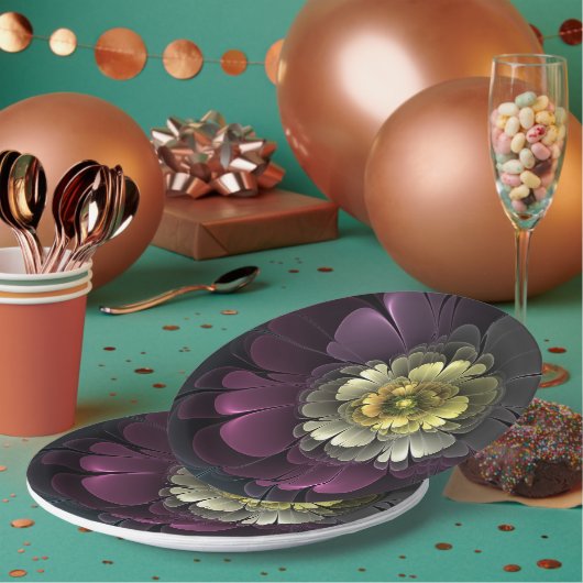 抽象芸術モダンプルカーキグレーフラクタルフラワー ペーパープレート (複数)