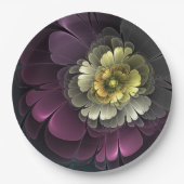 抽象芸術モダンプルカーキグレーフラクタルフラワー ペーパープレート (正面)