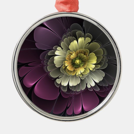 抽象芸術モダンプルカーキグレーフラクタルフラワー メタルオーナメント (正面)