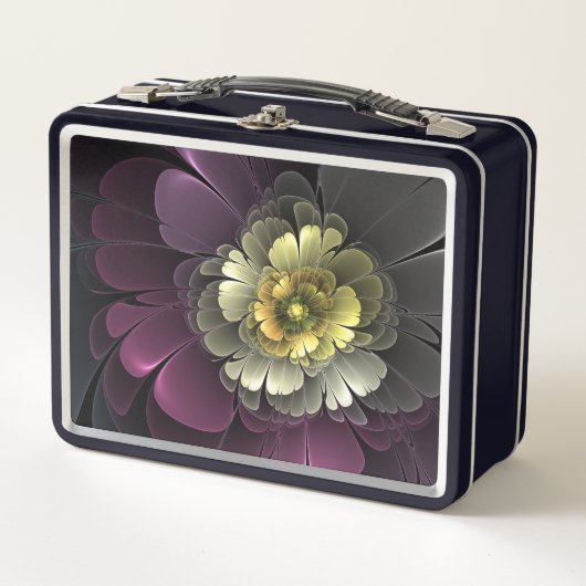 抽象芸術モダンプルカーキグレーフラクタルフラワー メタルランチボックス (正面)