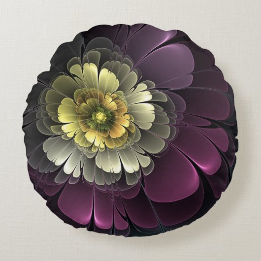 抽象芸術モダンプルカーキグレーフラクタルフラワー ラウンドクッション (正面)