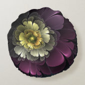 抽象芸術モダンプルカーキグレーフラクタルフラワー ラウンドクッション (裏面)