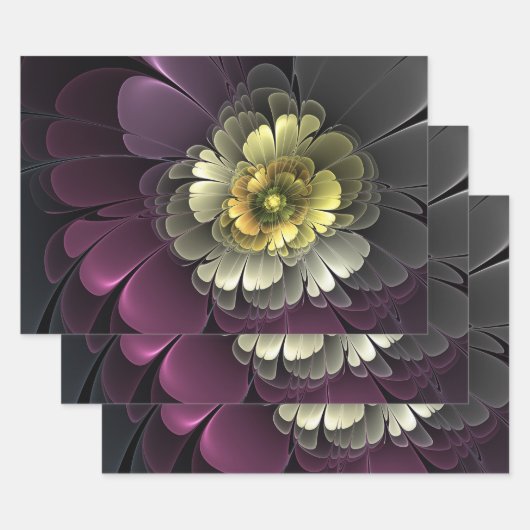 抽象芸術モダンプルカーキグレーフラクタルフラワー ラッピングペーパーシート (セット)