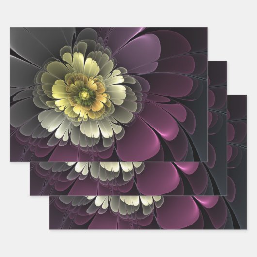 抽象芸術モダンプルカーキグレーフラクタルフラワー ラッピングペーパーシート (セット)