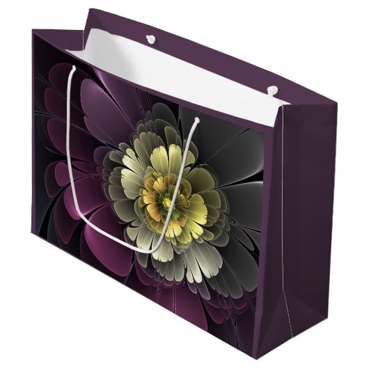 抽象芸術モダンプルカーキグレーフラクタルフラワー ラージペーパーバッグ (正面アングル)