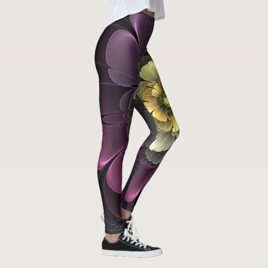 抽象芸術モダンプルカーキグレーフラクタルフラワー レギンス (右)