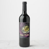 抽象芸術モダンプルカーキグレーフラクタルフラワー ワインラベル (正面)